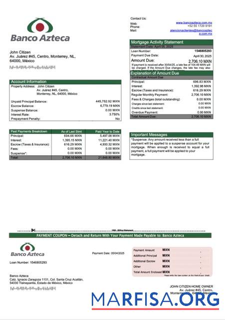 Downloadable Mexico Banco Azteca mortgage statement Word and PDF template